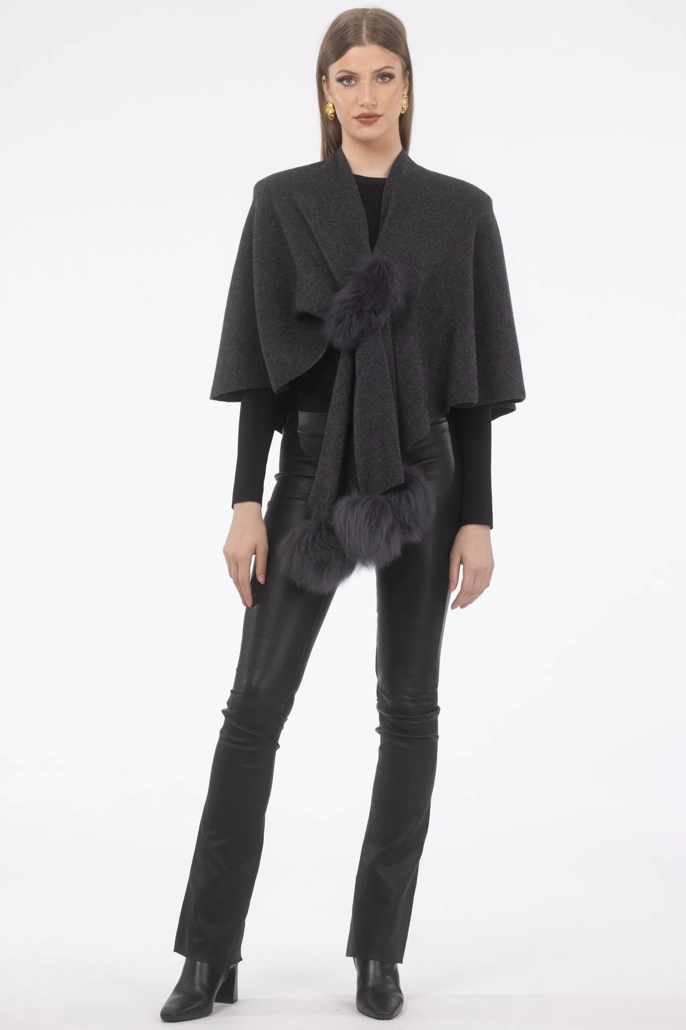 Select Wool Capelet with Select Lamb Poms