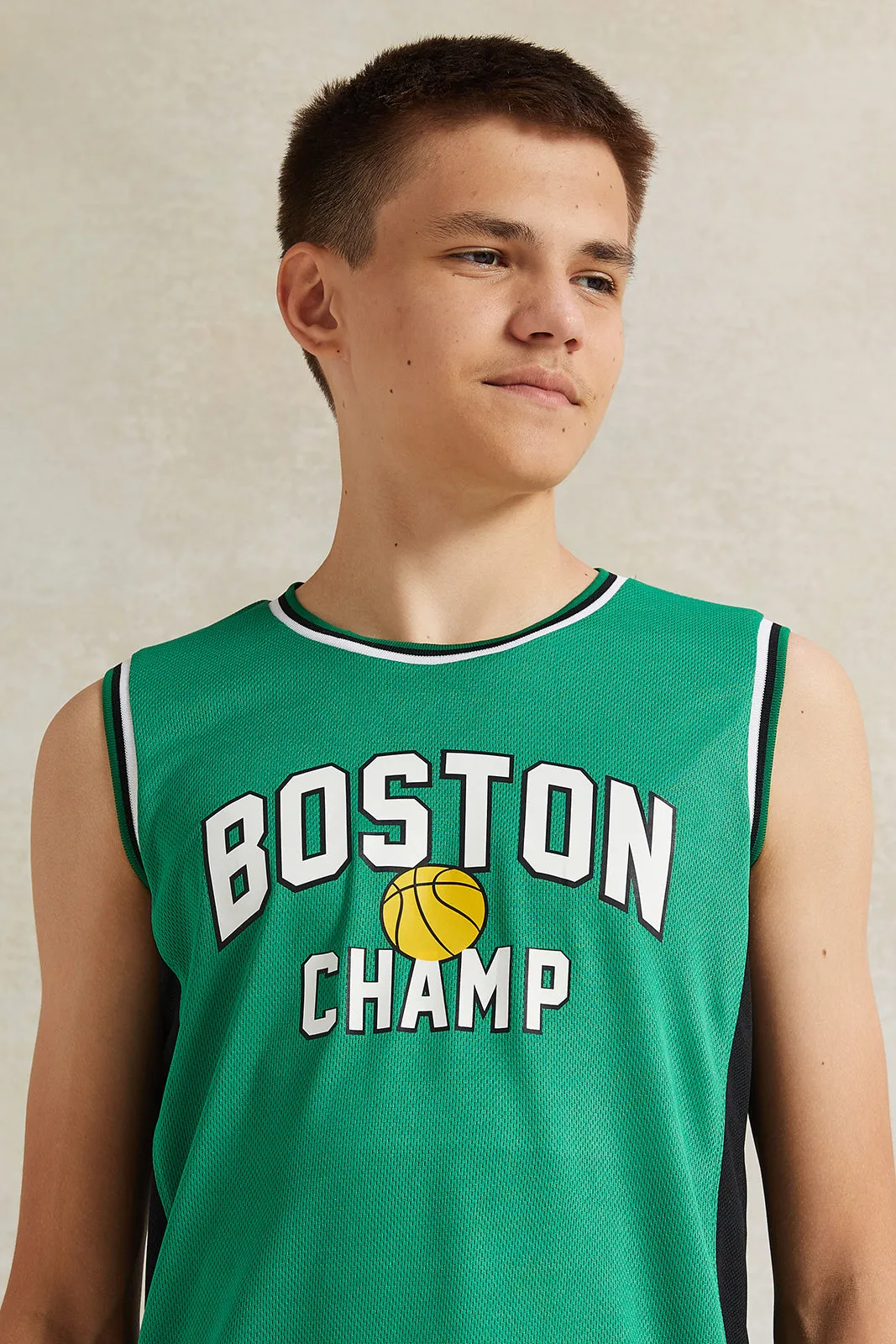 Senior Boys Green Printed Sleeveless T-Shirt