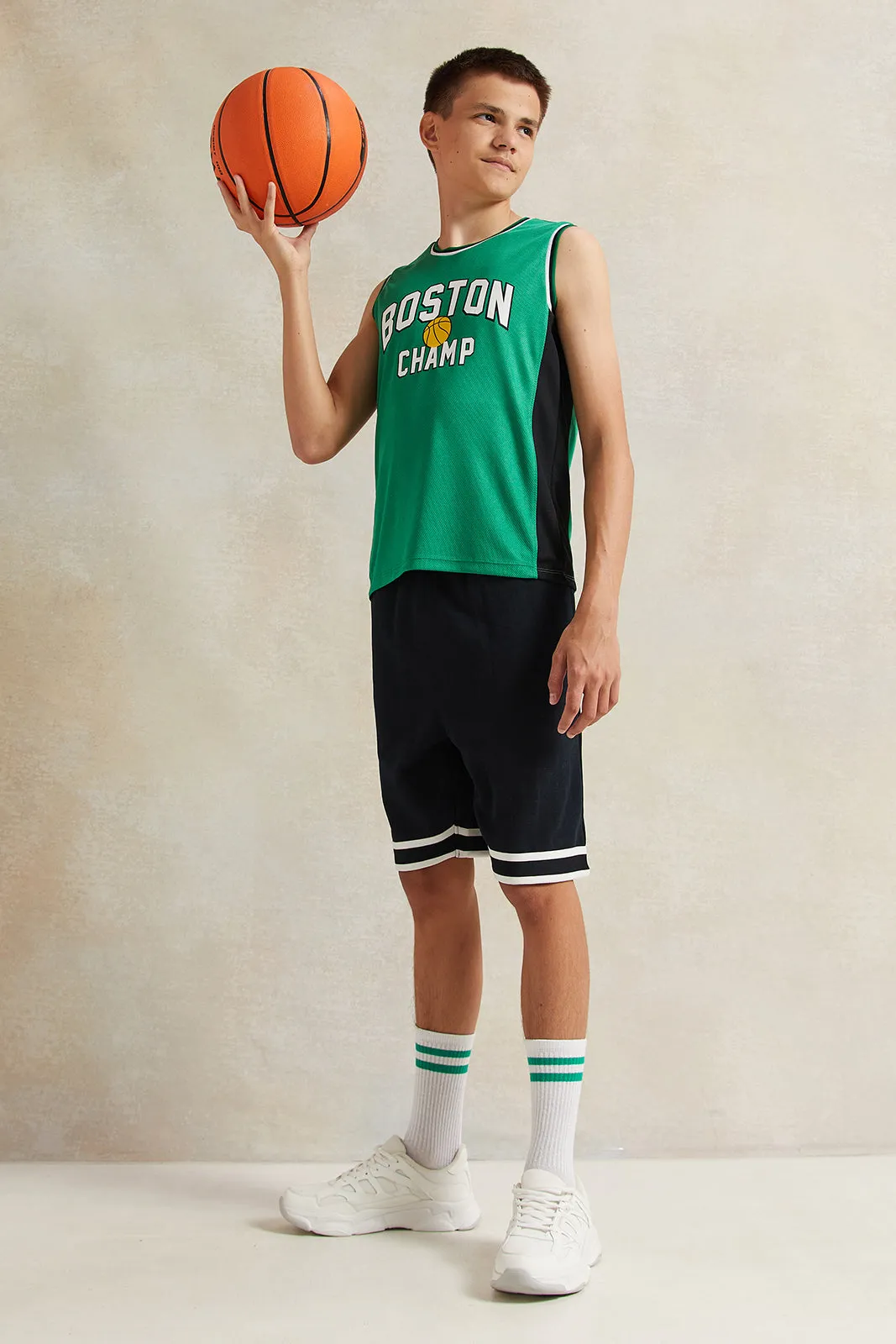 Senior Boys Green Printed Sleeveless T-Shirt