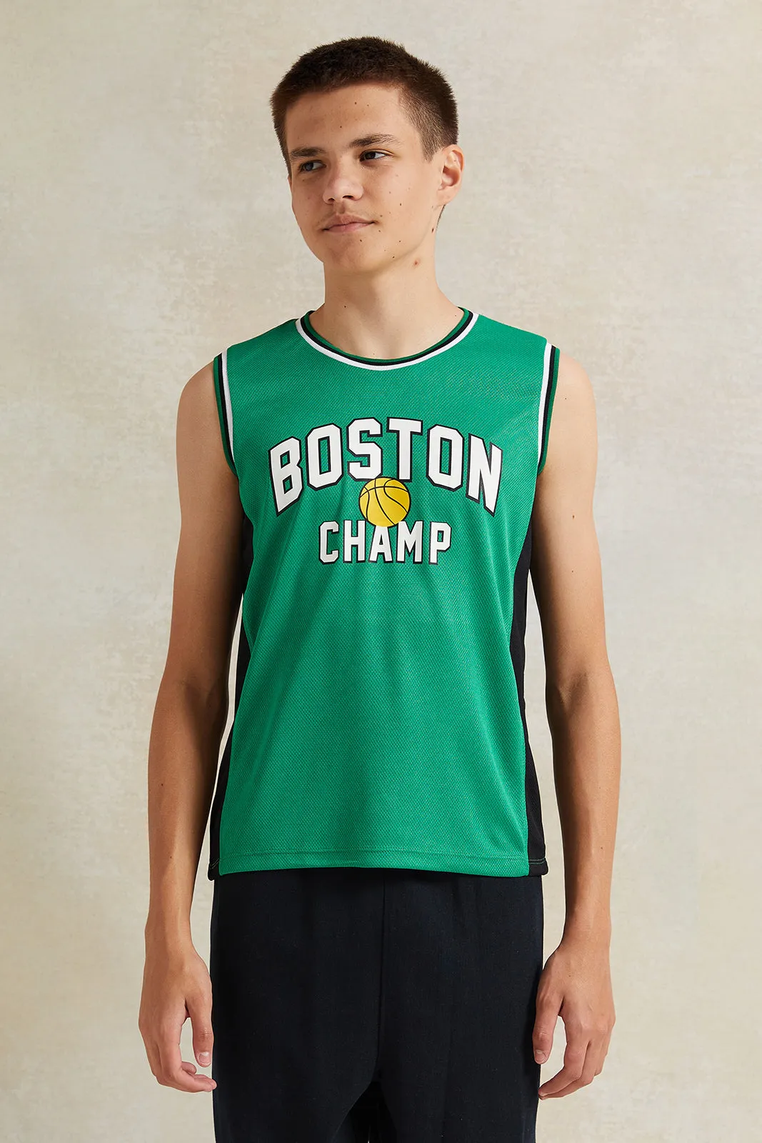 Senior Boys Green Printed Sleeveless T-Shirt