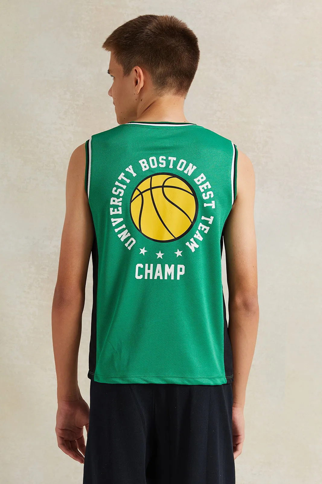 Senior Boys Green Printed Sleeveless T-Shirt