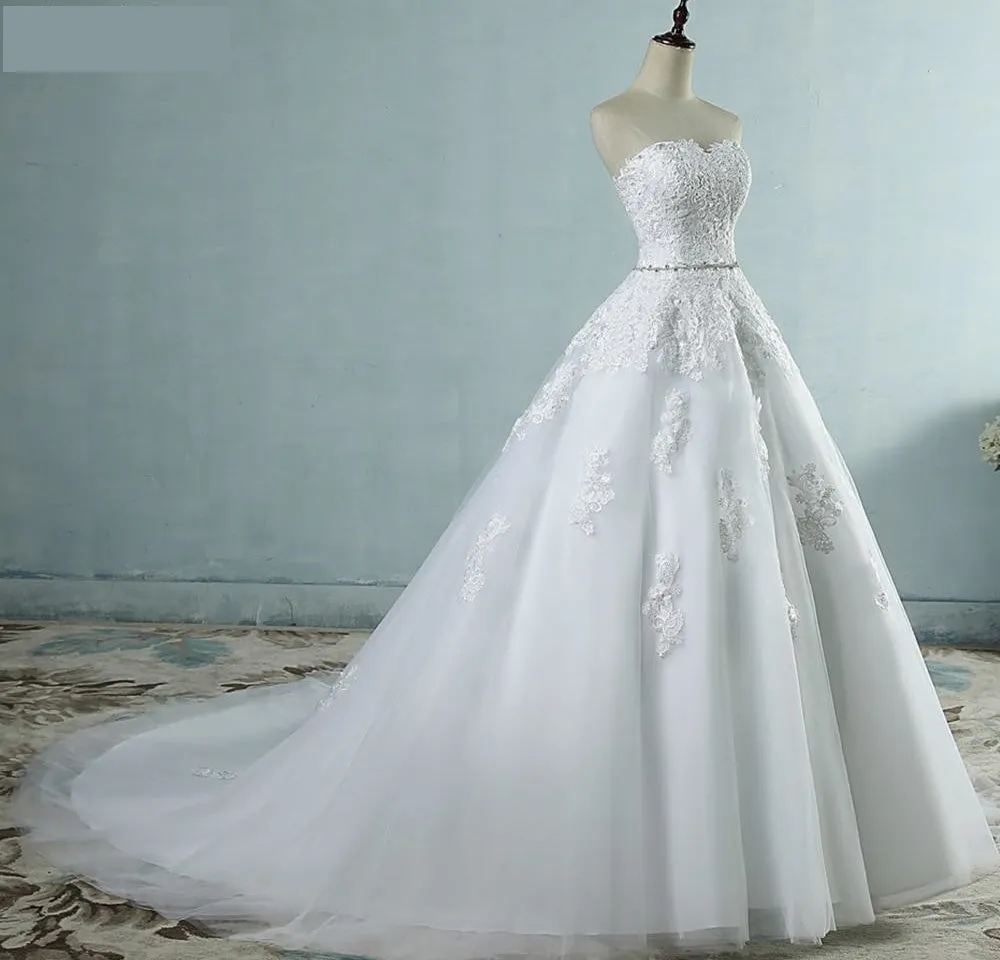 Sleeveless Lace Tulle Flower Sweetheart Court Train Wedding Bridal Gown