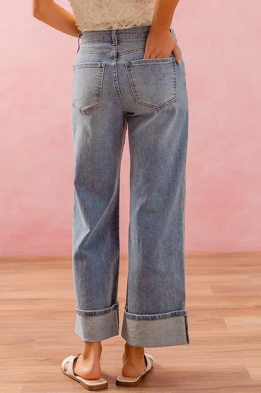 Straight Leg Cuffed Stretch Jeans