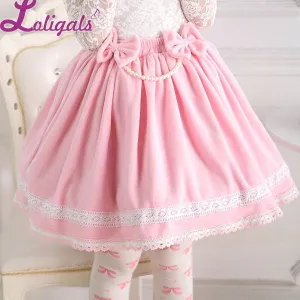 Sweet Pink Elastic Waist Pleated Lady's Lolita Skirt with Detachable Bow and Pearl Chain