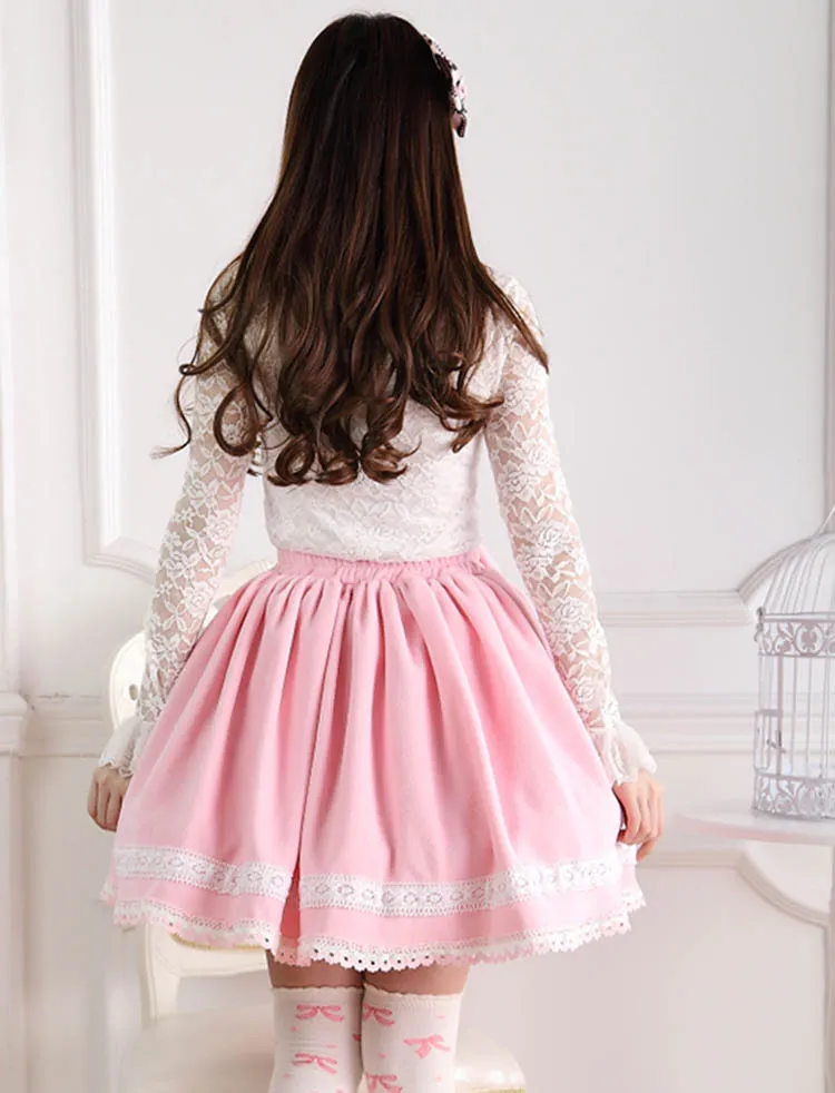 Sweet Pink Elastic Waist Pleated Lady's Lolita Skirt with Detachable Bow and Pearl Chain