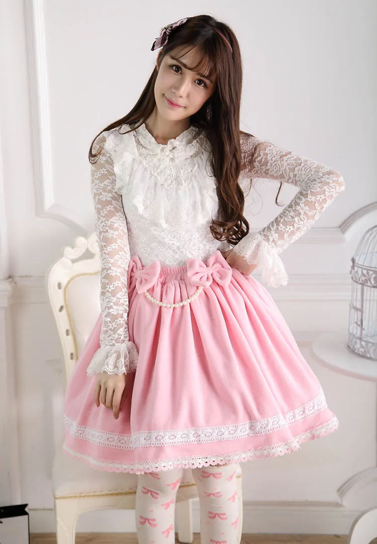 Sweet Pink Elastic Waist Pleated Lady's Lolita Skirt with Detachable Bow and Pearl Chain