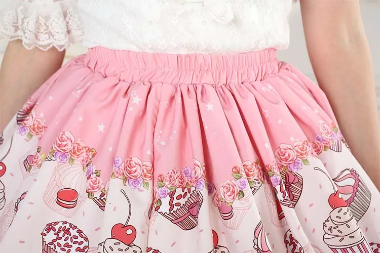 Sweet Pink Macarons and Cake Printed Lolita Lace Short Skirt for Girl