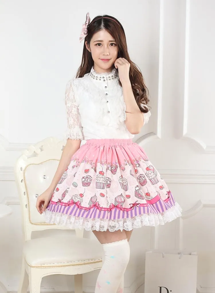 Sweet Pink Macarons and Cake Printed Lolita Lace Short Skirt for Girl