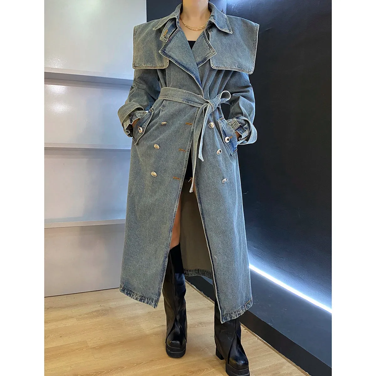 TEEK - Did She Double Breasted Denim Trench Coat