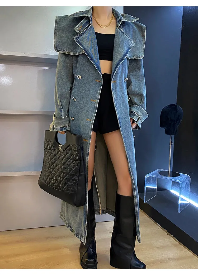 TEEK - Did She Double Breasted Denim Trench Coat