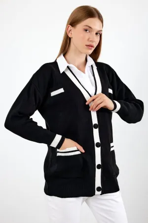 Vav Buttoned Down Short Knitted Winter Cardigan Black