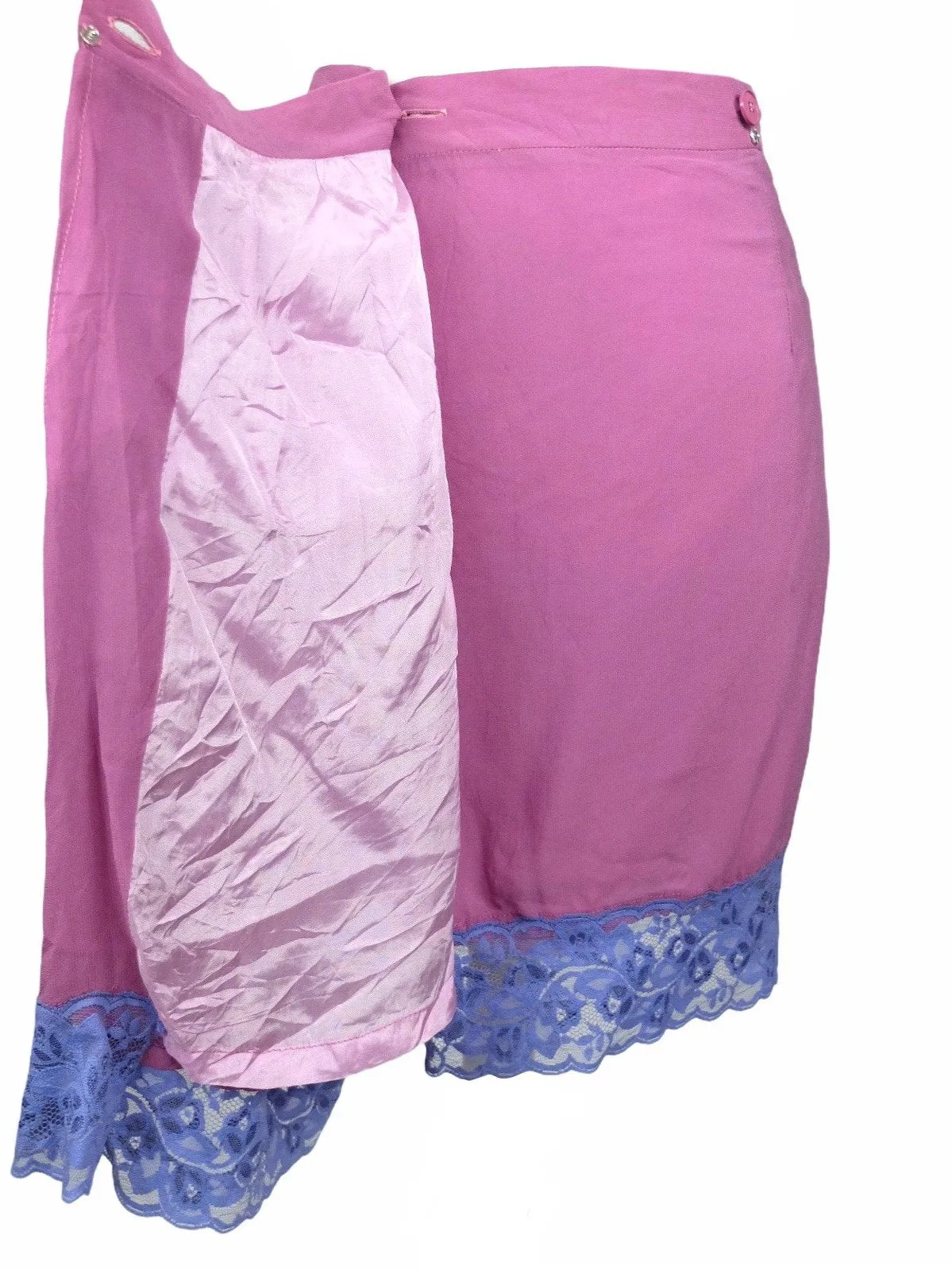 Vintage 70s Luisa Spangoli Designer Silk Made in Italy Pink and Purple Lace Trim High Waisted Wrap Mini Skirt