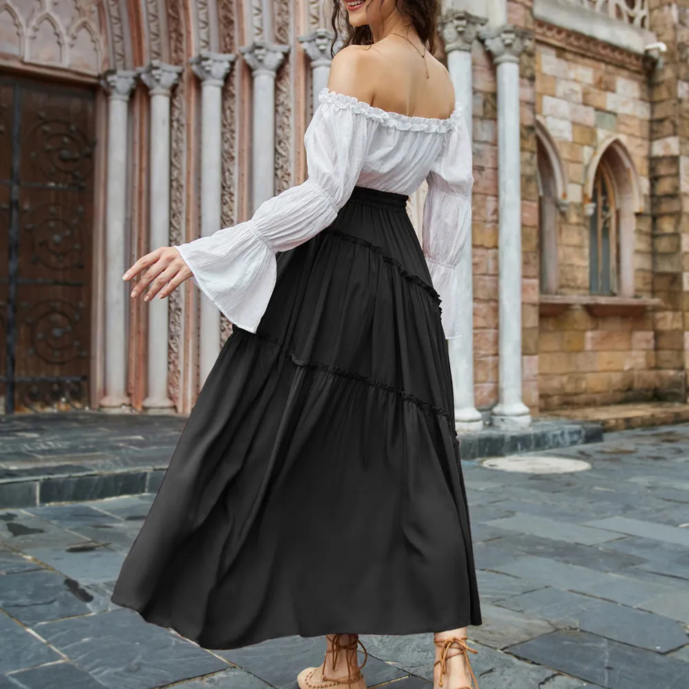 Women Pleated Tiered Swing Skirt Drawstring Maxi Skirt