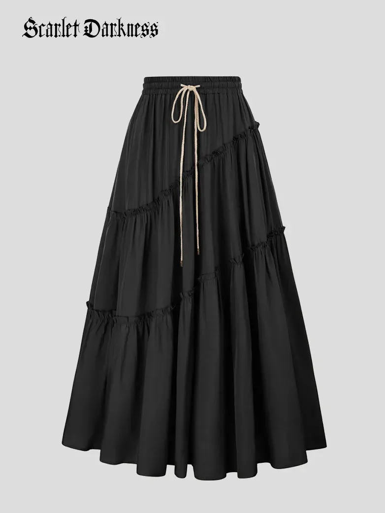 Women Pleated Tiered Swing Skirt Drawstring Maxi Skirt