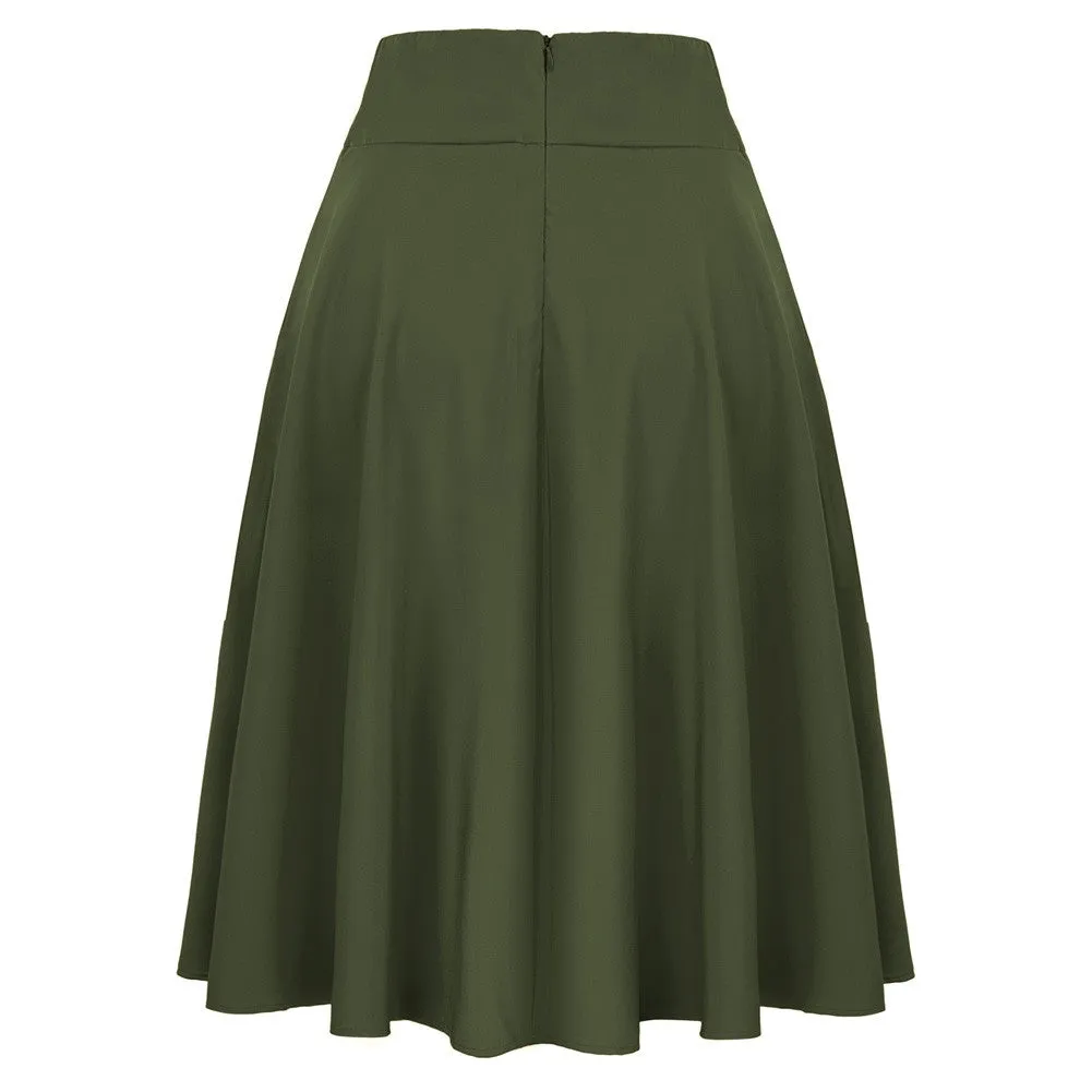 Women's High Waist A-Line Pockets Skirt Skater Flared Midi Skirt Vinage Skirt