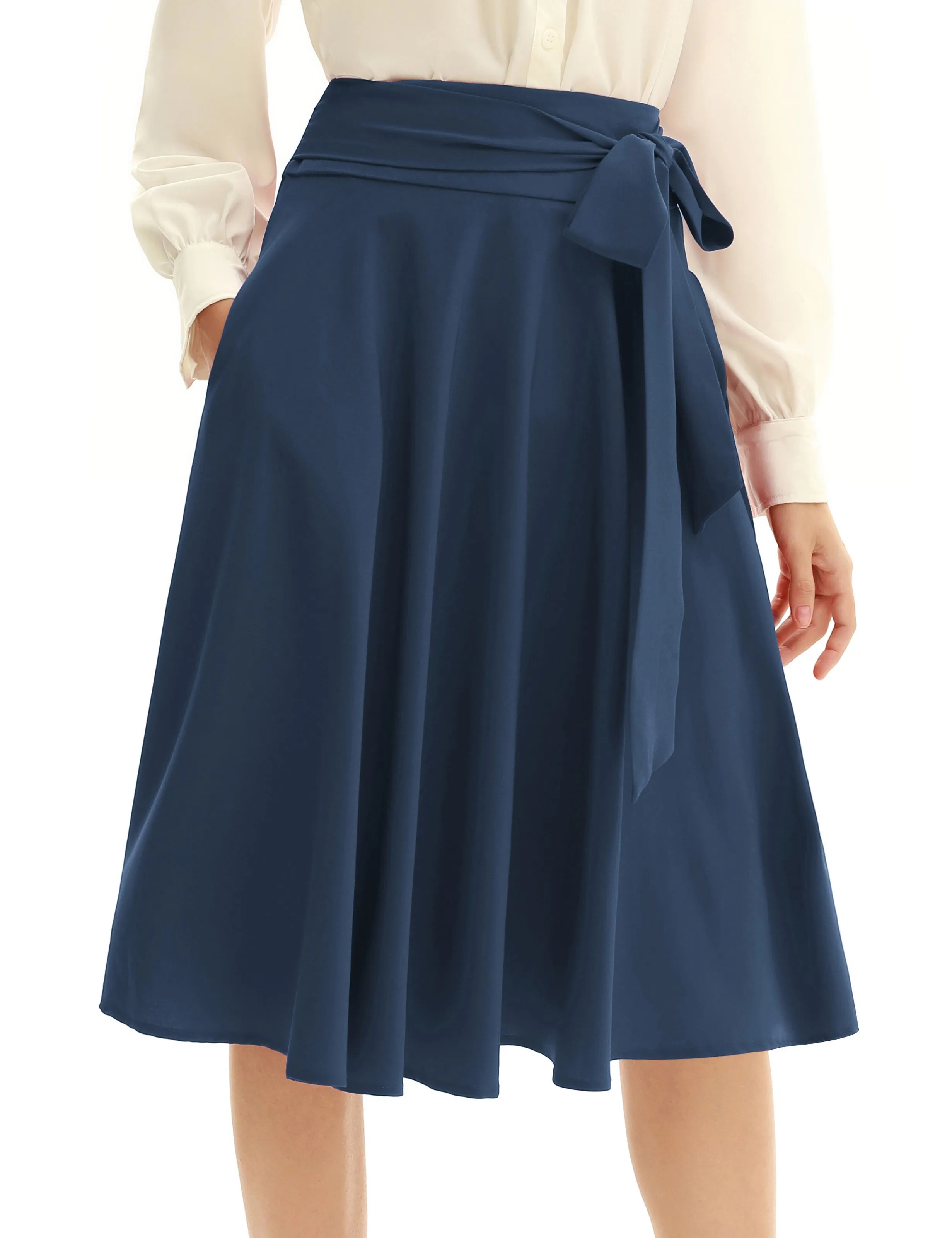 Women's High Waist A-Line Pockets Skirt Skater Flared Midi Skirt Vinage Skirt