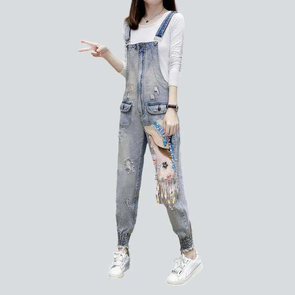 Women's slim denim embroidered dungaree