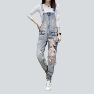 Women's slim denim embroidered dungaree