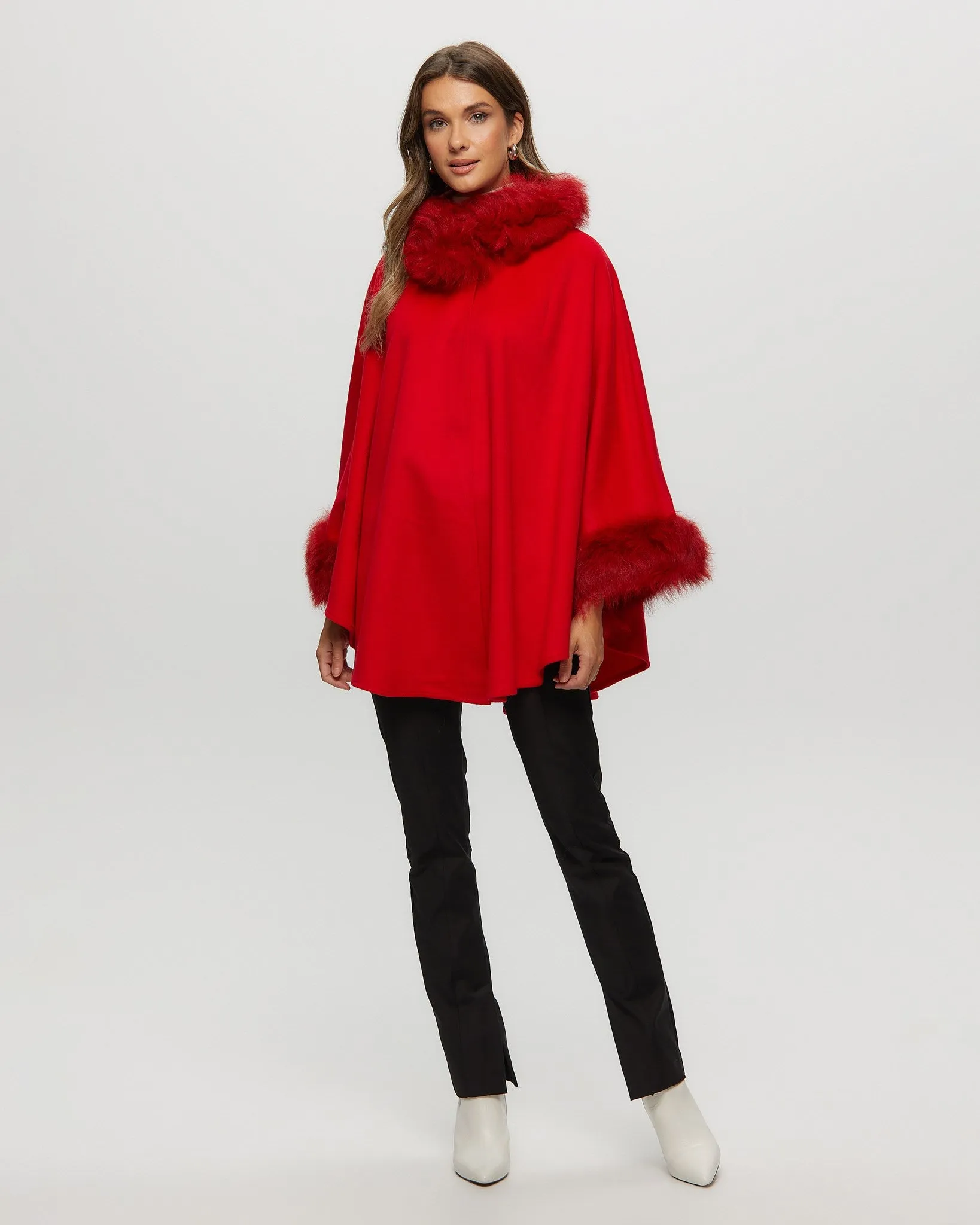 Wool and Cashmere Blend Cape with Toscana Shearling Lamb Trim