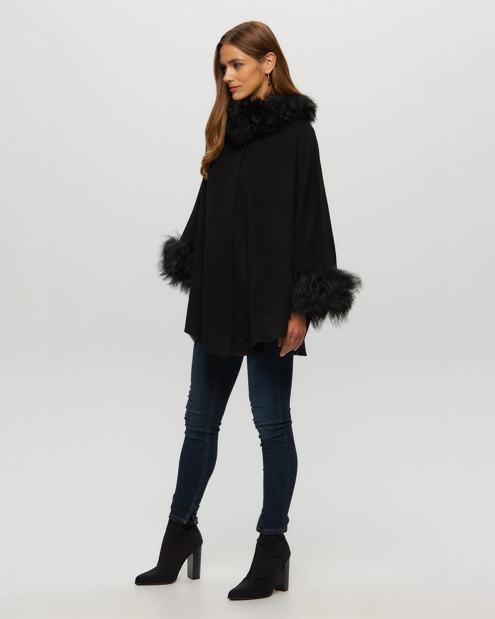 Wool and Cashmere Blend Cape with Toscana Shearling Lamb Trim