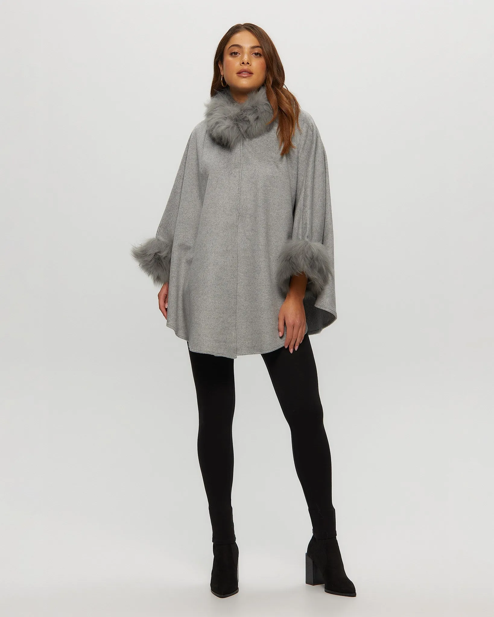 Wool and Cashmere Blend Cape with Toscana Shearling Lamb Trim