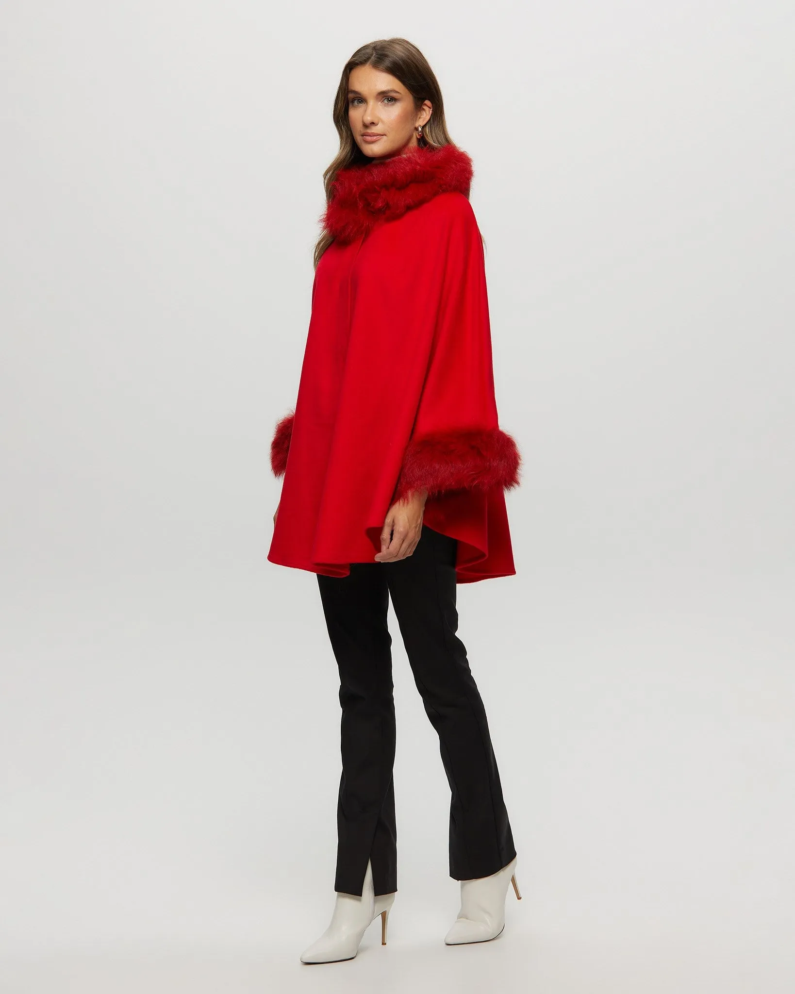 Wool and Cashmere Blend Cape with Toscana Shearling Lamb Trim